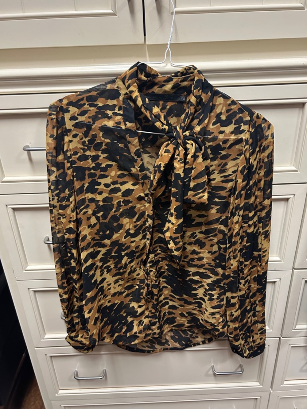 Leopard Print Tie-Neck Blouse in Brown and Black